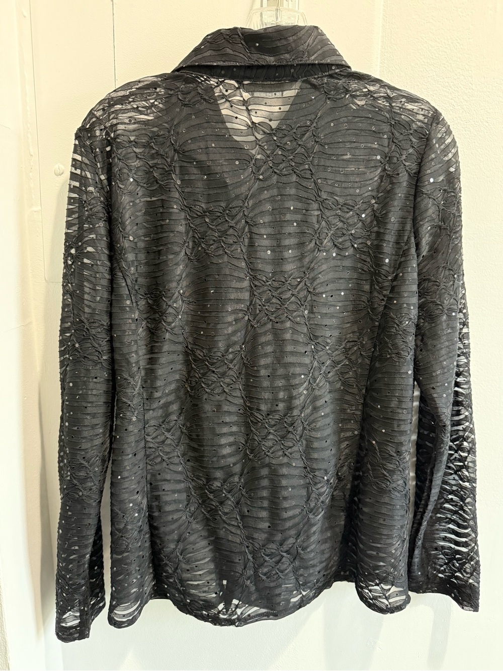 Misook Sheer Sequin Black Long-Sleeve Button Front Blouse - evening party Vegas - Picture 2 of 5